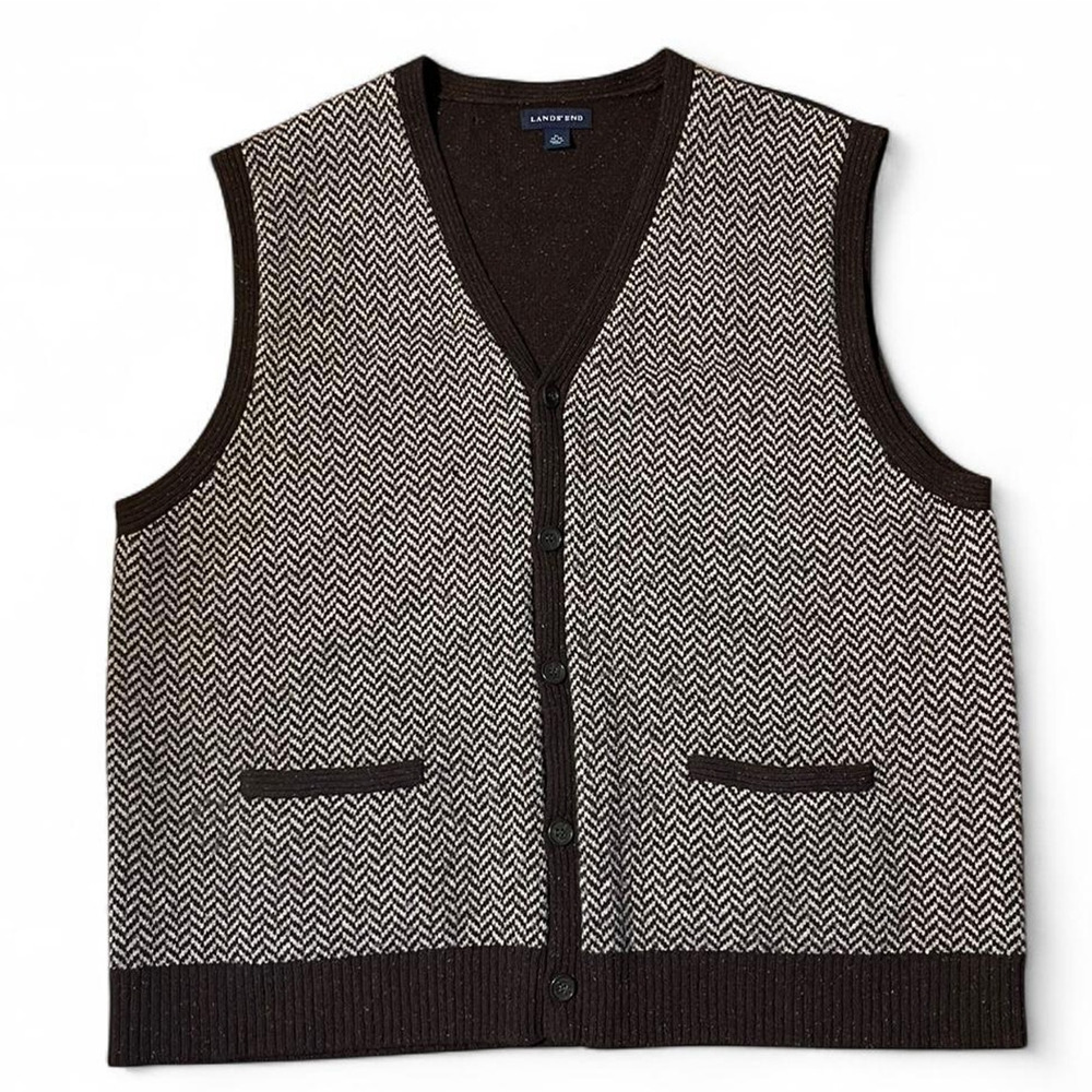 Lands End Mens XL 100% Lambswool Sweater Vest Brown Herringbone Button Front